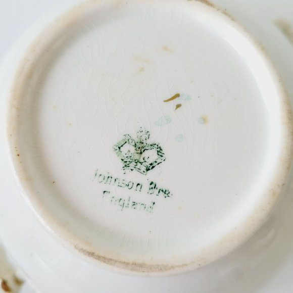 Rare Vintage Johnson Bro Sugar Bowl & Creamer, Blue Accent, Pink Floral, CRAZING - Picture 5 of 16